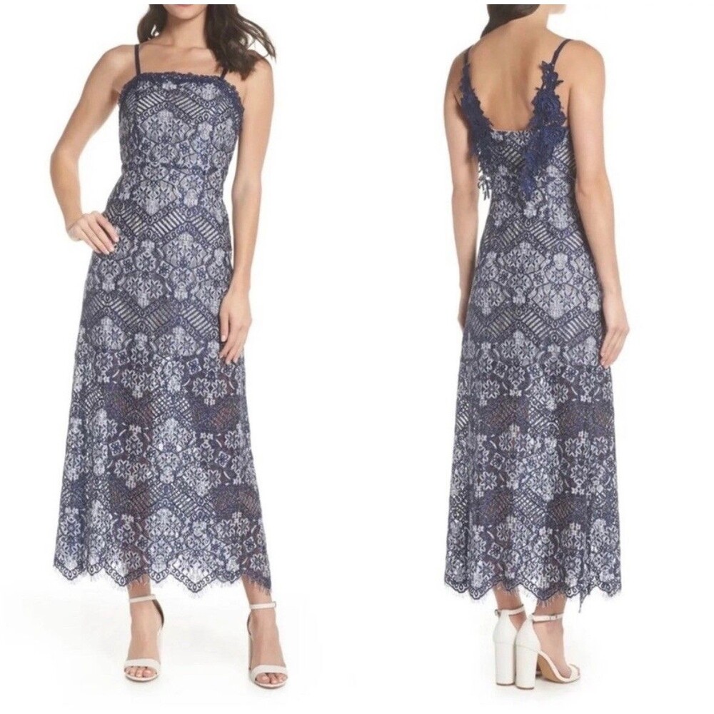 Foxiedox Daleyza Lace Open Back Dress S Blue Square Neck Cocktail Formal Maxi